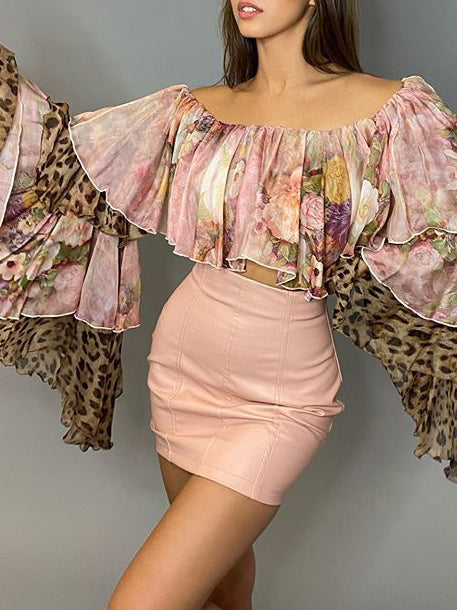Floral Print & Leopard Patchwork Off-Shoulder Ruffle Blouse