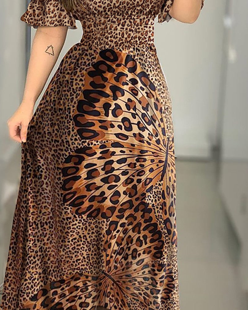 off-shoulder wrapped chest butterfly printed evening dress