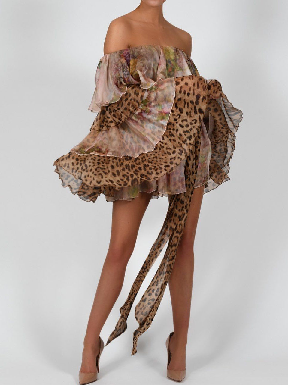 Floral Print & Leopard Patchwork Off-Shoulder Ruffle Blouse