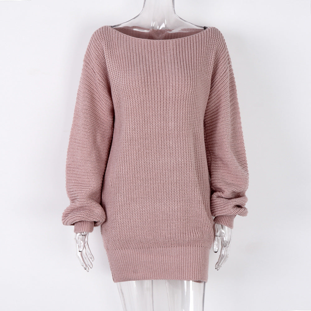 long sleeve collar casual loose knitted sweater dress