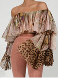 Floral Print & Leopard Patchwork Off-Shoulder Ruffle Blouse