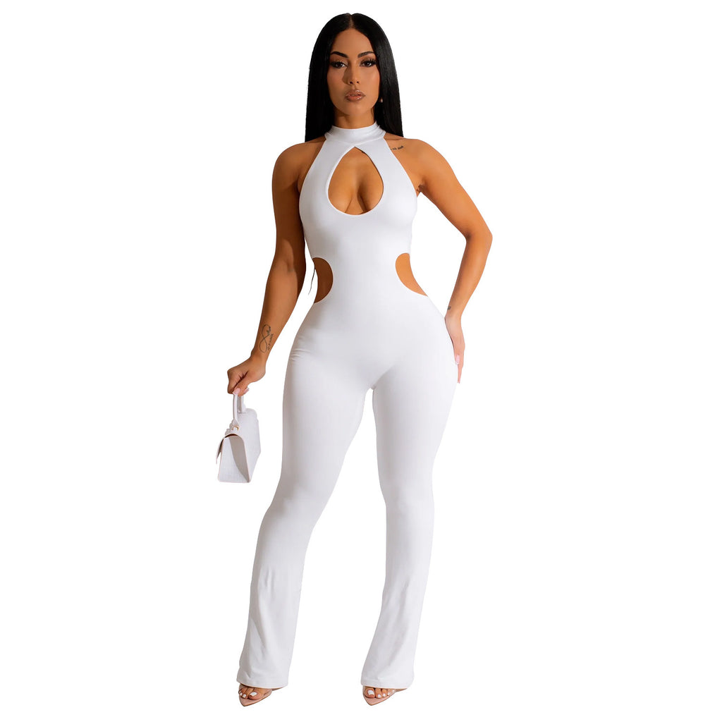 Solid Color Sexy Halter Hollow-out Jumpsuit