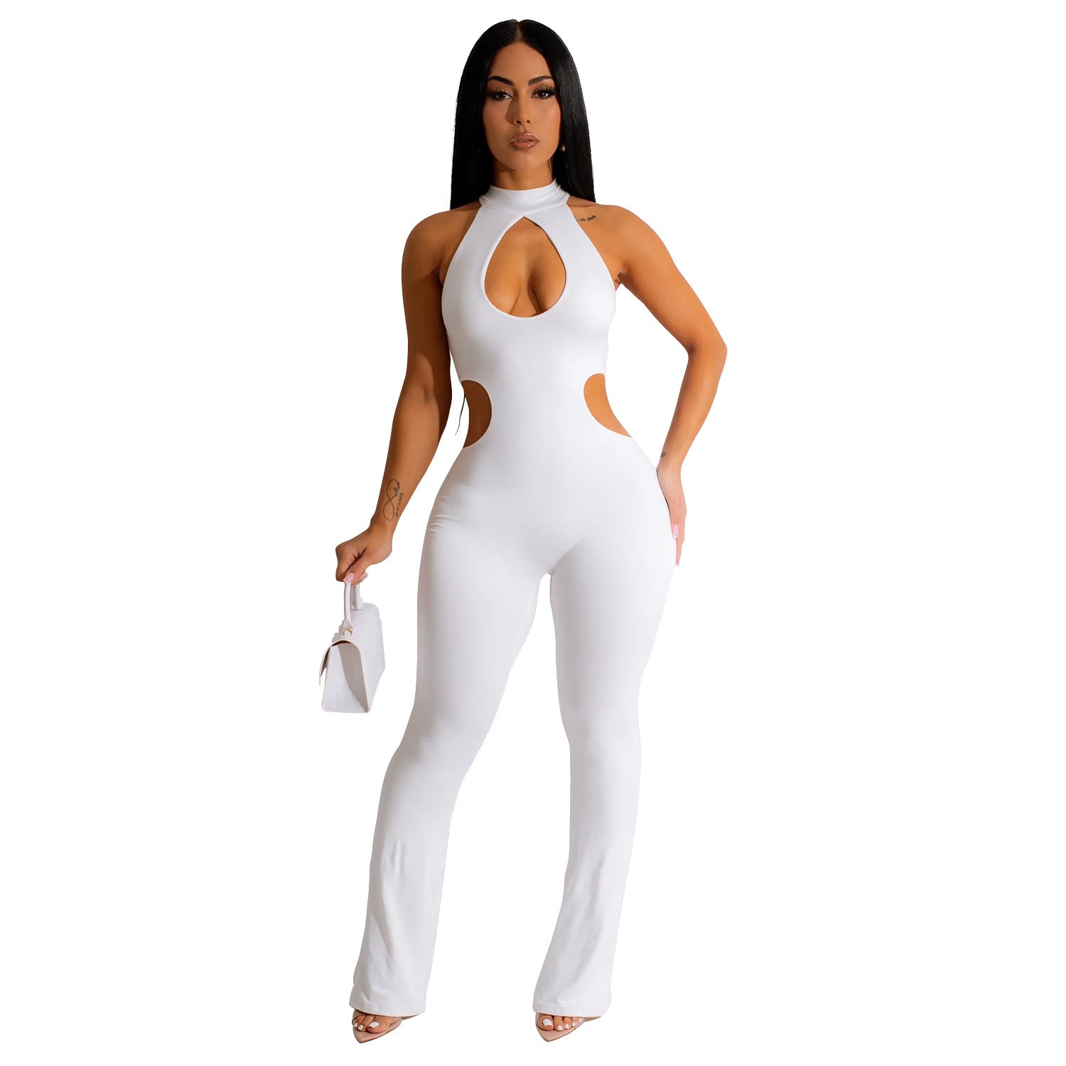 Solid Color Sexy Halter Hollow-out Jumpsuit