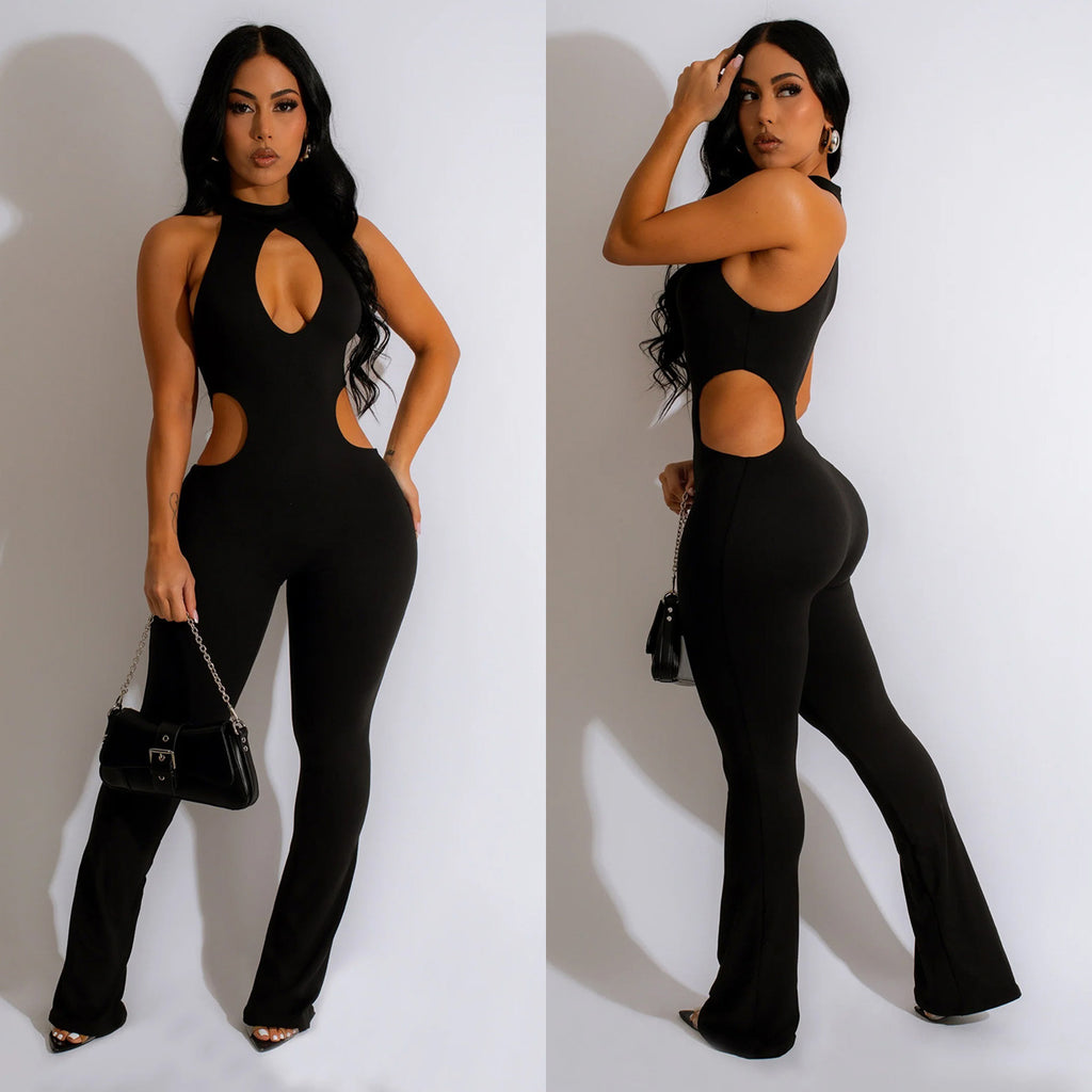 Solid Color Sexy Halter Hollow-out Jumpsuit