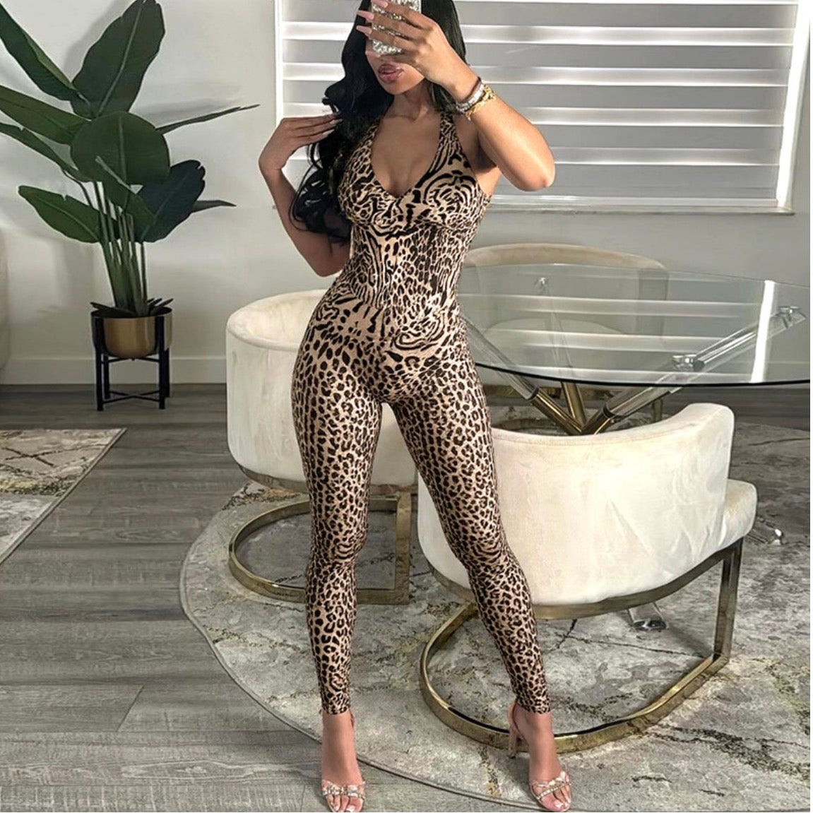 Leopard Print Backless Halter neck Vest Cut Out Tight Jumpsuit