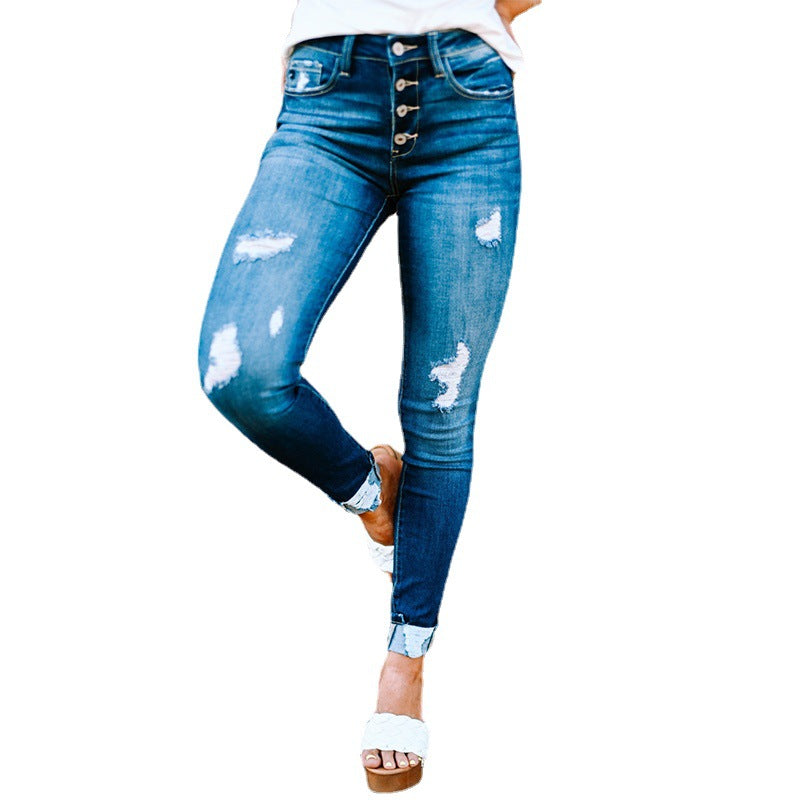 Ripped Leg Jeans Women's Washed Breasted Pencil Pants Women's Casual Pants