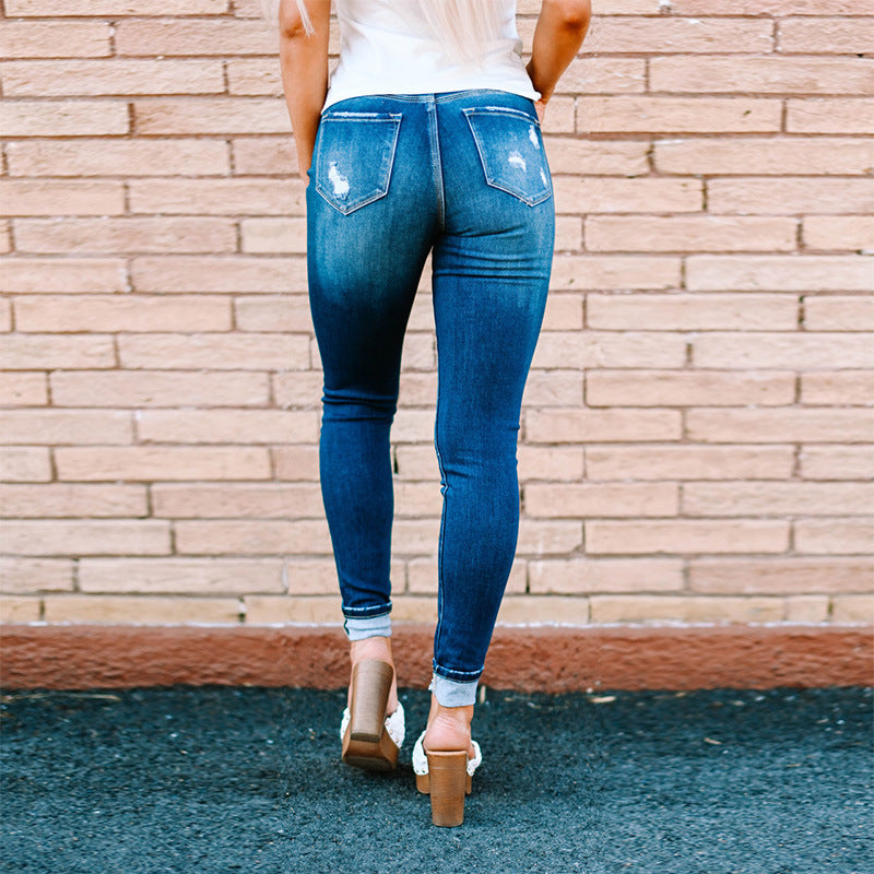 Ripped Leg Jeans Women's Washed Breasted Pencil Pants Women's Casual Pants