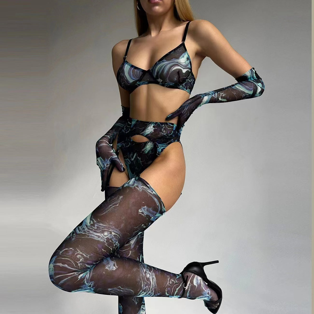 Colorful tide dye sexy mesh lingerie