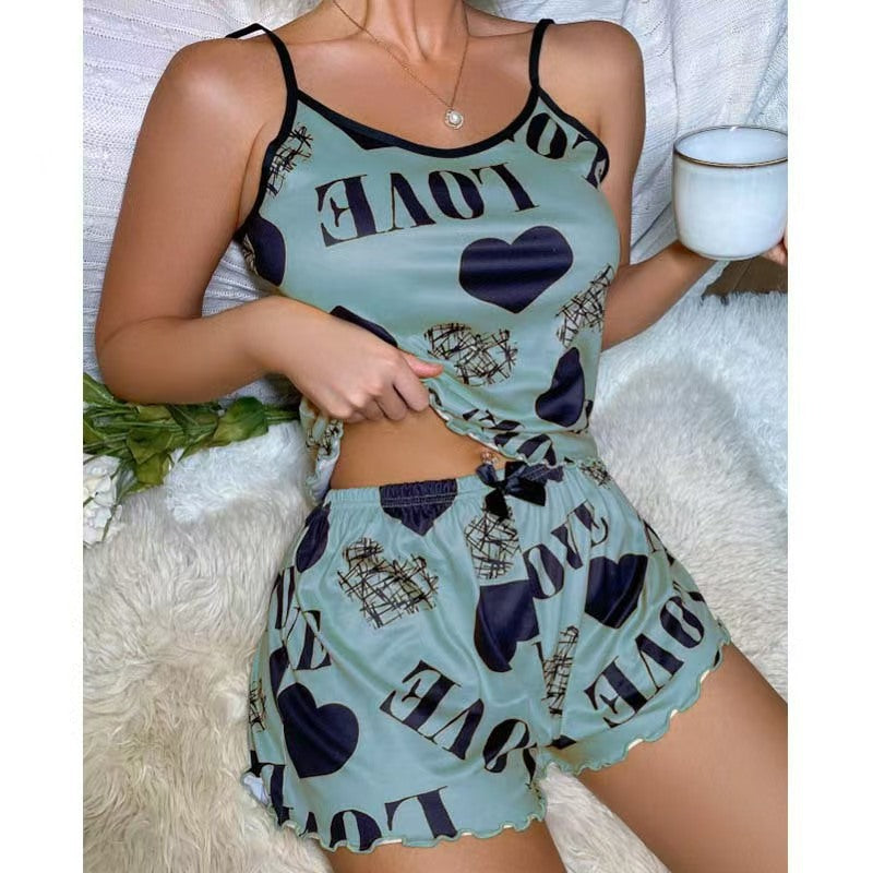 Milk Silk Printed Heart-Shaped Camisole Two-Piece Pajama Loungewear Set