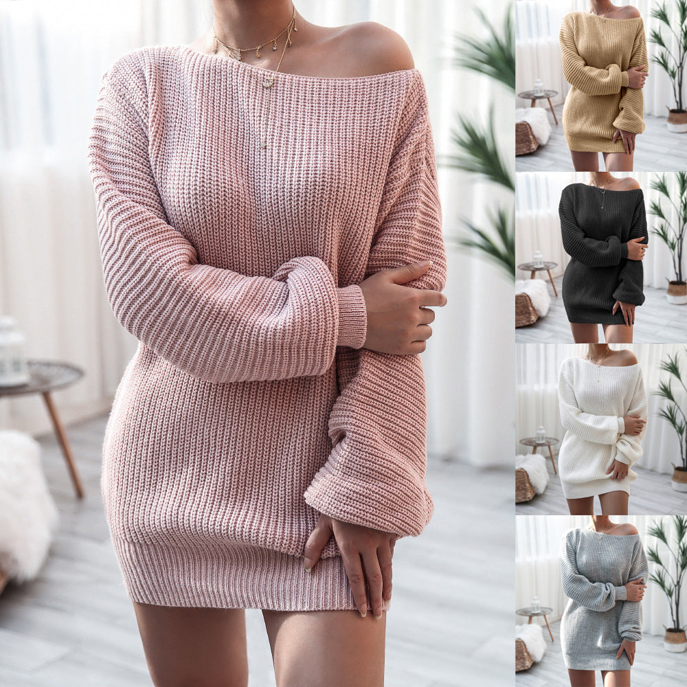 long sleeve collar casual loose knitted sweater dress