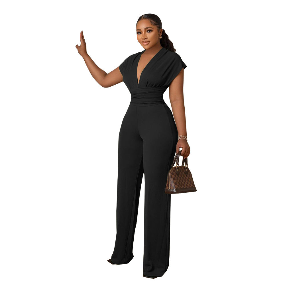 Deep v neck solid color women's jumpsuit