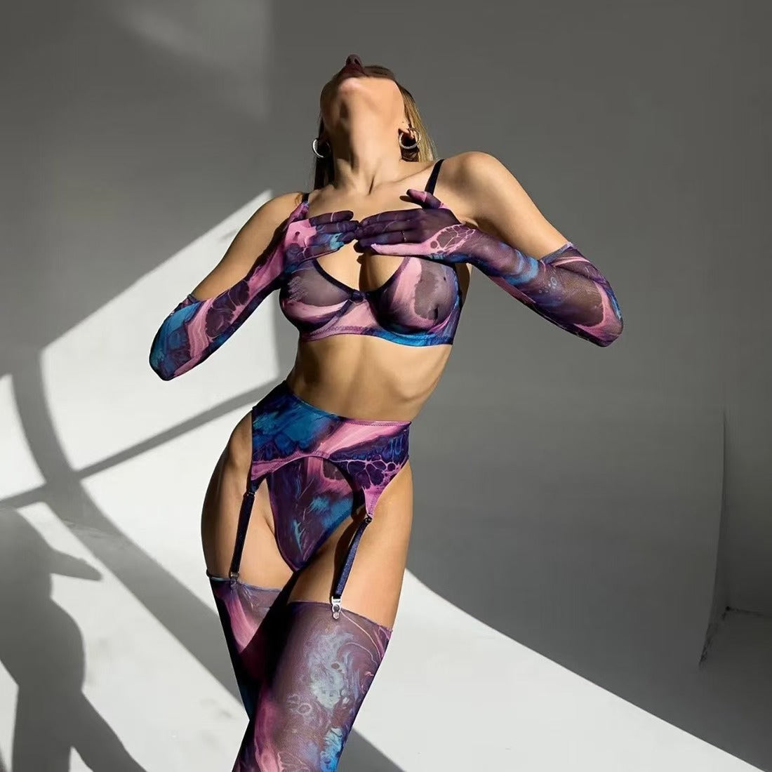 Colorful tide dye sexy mesh lingerie