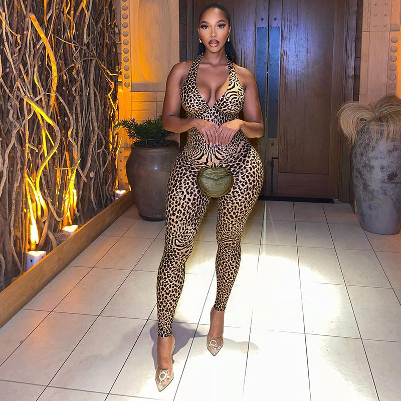 Leopard Print Backless Halter neck Vest Cut Out Tight Jumpsuit