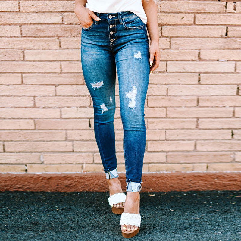 Ripped Leg Jeans Women's Washed Breasted Pencil Pants Women's Casual Pants