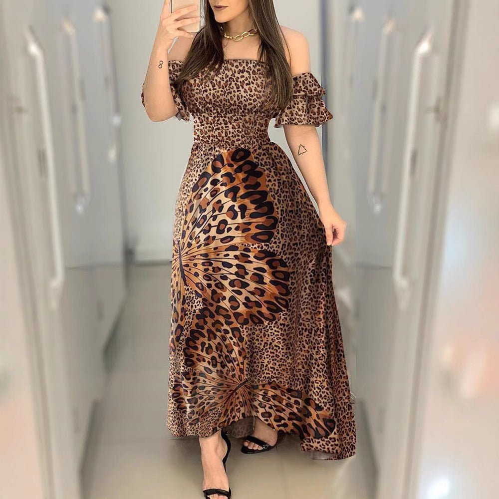 off-shoulder wrapped chest butterfly printed evening dress