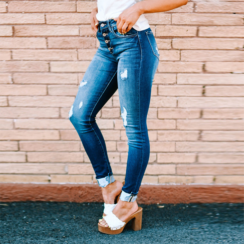 Ripped Leg Jeans Women's Washed Breasted Pencil Pants Women's Casual Pants