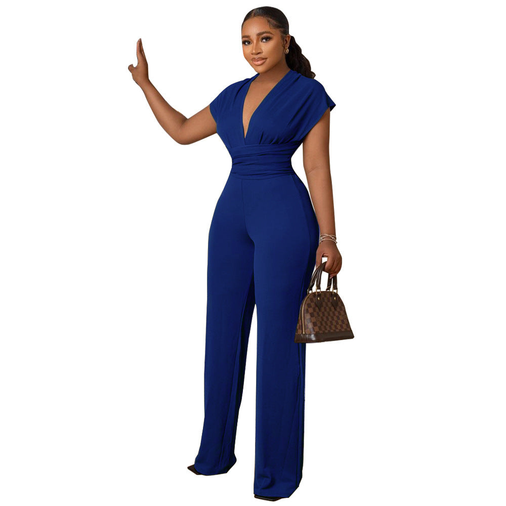 Deep v neck solid color women's jumpsuit