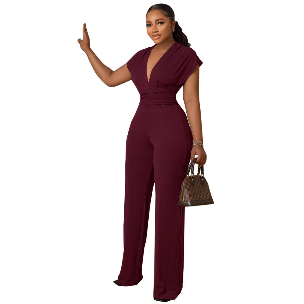 Deep v neck solid color women's jumpsuit