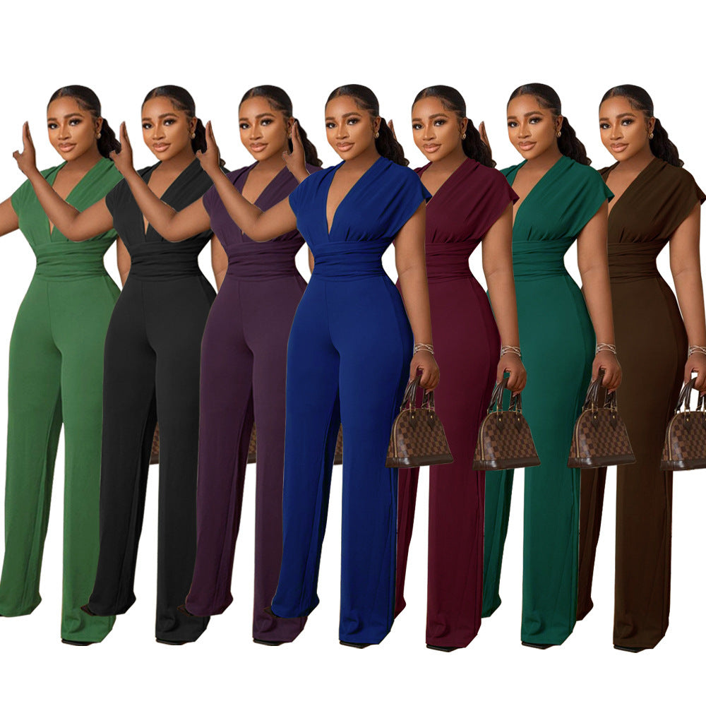 Deep v neck solid color women's jumpsuit