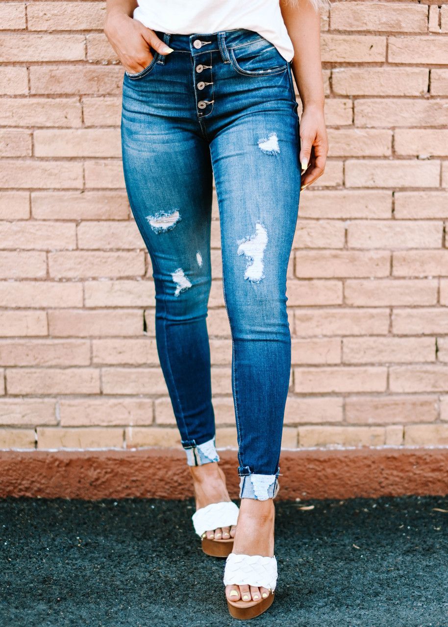 Ripped Leg Jeans Women's Washed Breasted Pencil Pants Women's Casual Pants