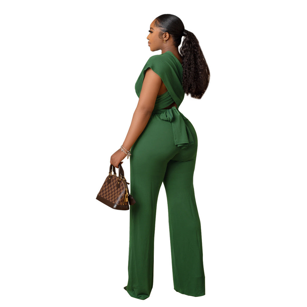 Deep v neck solid color women's jumpsuit
