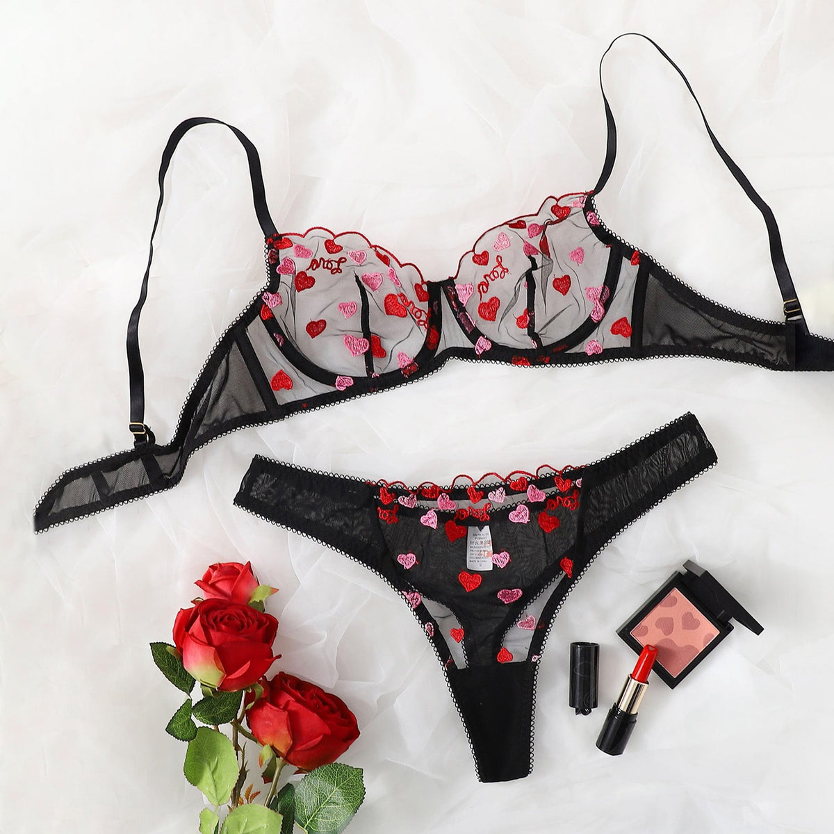 Sexy Mesh See-Through Heart Three-Point Sexy Suit