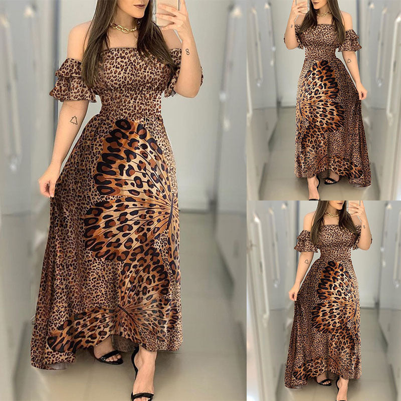 off-shoulder wrapped chest butterfly printed evening dress