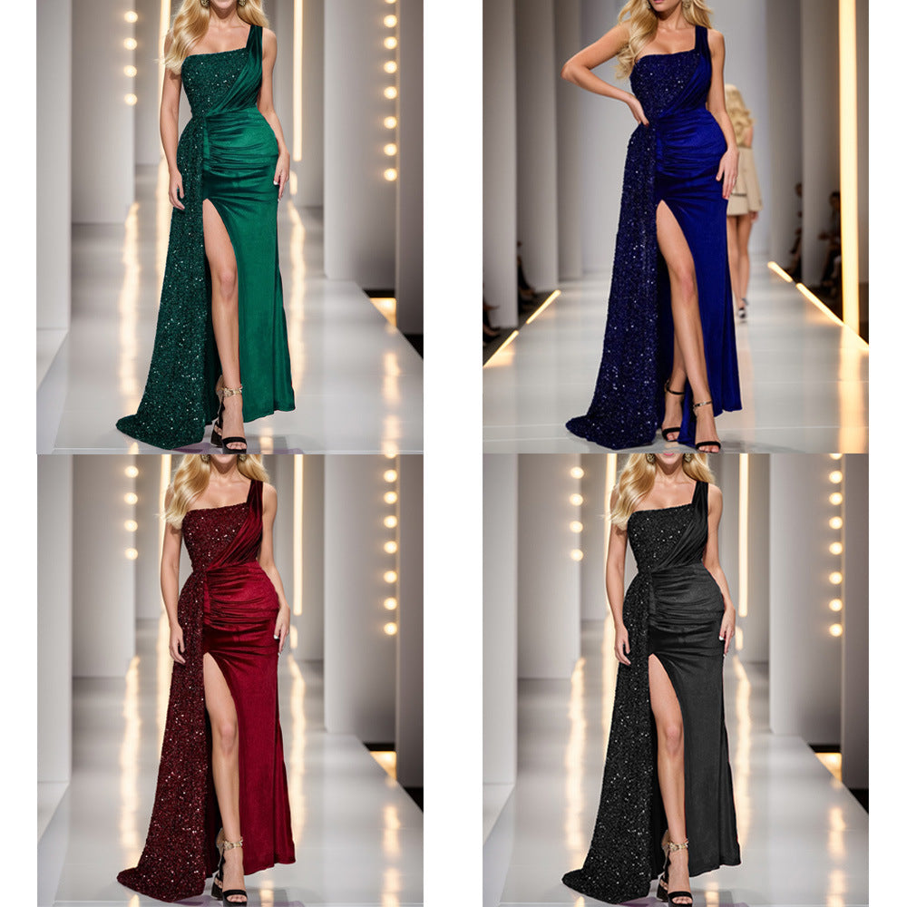 Light Luxury High-end Fishtail High-end Banquet Elegant Host Single Shoulder Evening Dress