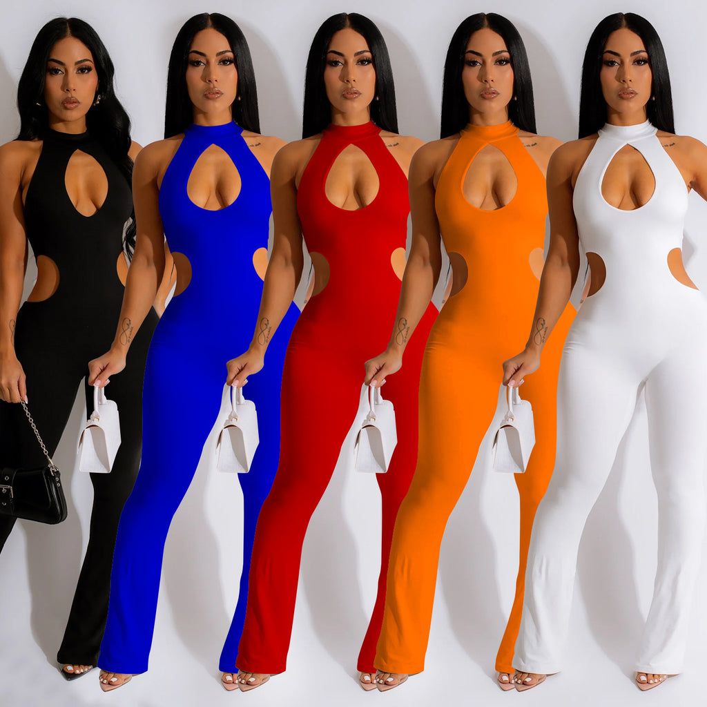 Solid Color Sexy Halter Hollow-out Jumpsuit