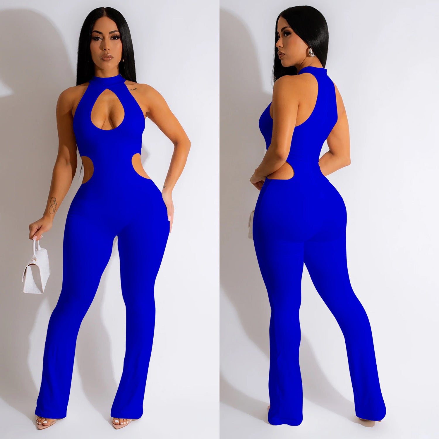 Solid Color Sexy Halter Hollow-out Jumpsuit
