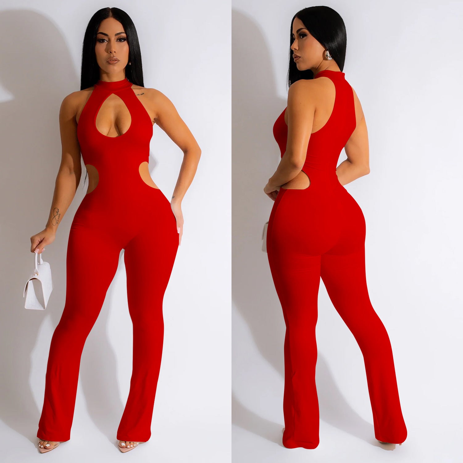 Solid Color Sexy Halter Hollow-out Jumpsuit